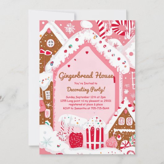 Roze decoratiefeestje voor een huis van gemberkoek kaart (Voorkant)
