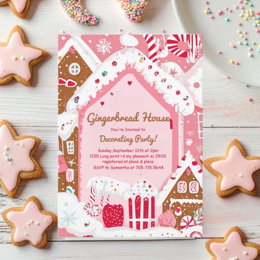 Roze decoratiefeestje voor een huis van gemberkoek kaart