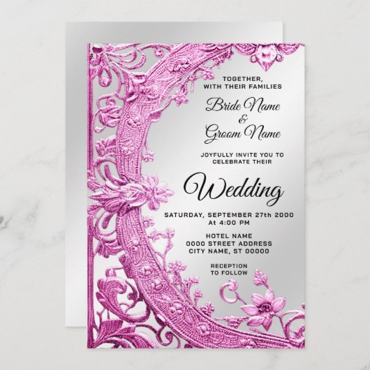 Roze decoratieve bloemenbruiloft uitnodiging (Voorkant / Achterkant)