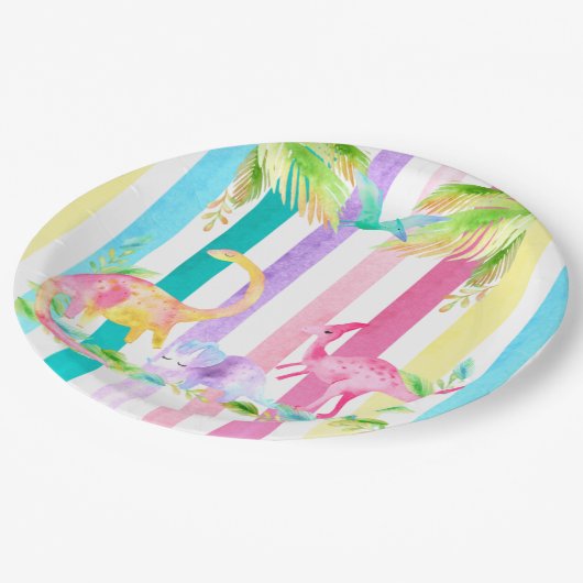 Roze deinosaurussen en pastelstrepen papieren bordje (Gekanteld)