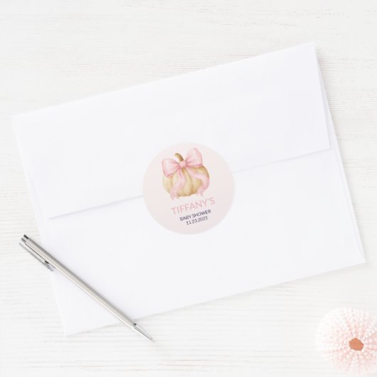 Roze delicate boog Pompoen Baby shower Ronde Sticker (Envelop)