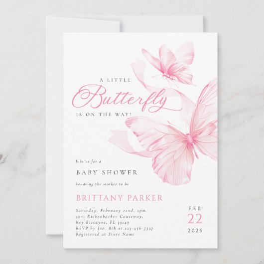Roze Delicate Butterfly Baby shower Invitation Kaart (Voorkant)