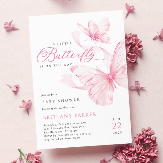 Roze Delicate Butterfly Baby shower Invitation Kaart