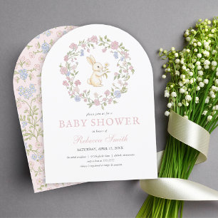 Roze Delicate  Floral Bunny Baby shower Kaart