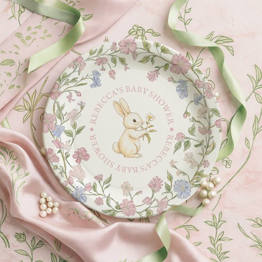 Roze Delicate  Floral Bunny Baby shower Papieren Bordje