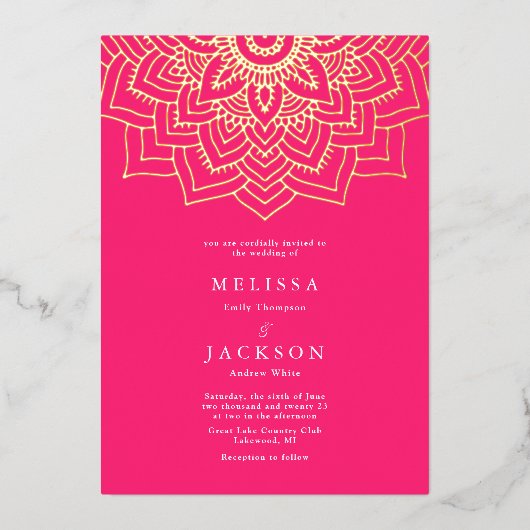 Roze Delicate Gold mandala Wedding Folie Uitnodiging (Voorkant)