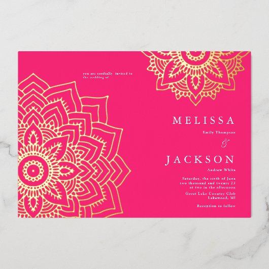 Roze Delicate Gold mandala Wedding Folie Uitnodiging (Voorkant)
