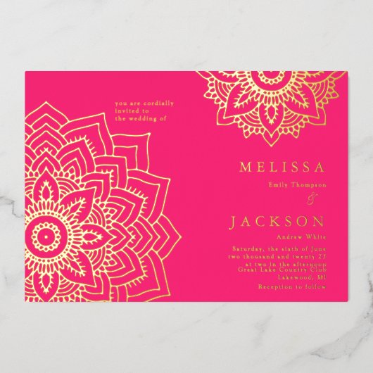Roze Delicate Gold mandala Wedding Folie Uitnodiging (Voorkant)