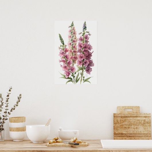 Roze Delphinium Bloemenkunst Print Poster (Keuken)