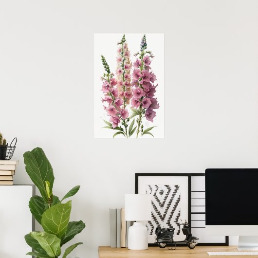 Roze Delphinium Bloemenkunst Print Poster (Thuiskantoor)