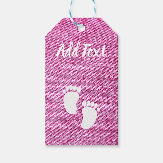 Roze denim Baby shower voetenprint Cadeaulabel (Voorkant)
