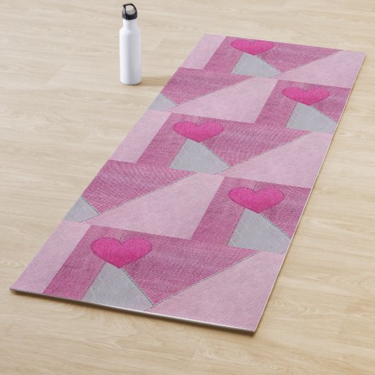 Roze denim en grijze patchwork met hart yogamat (In situ)