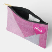 Roze denim hart met naam etui (Open)