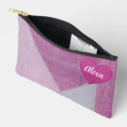 Roze denim hart met naam etui (Open)