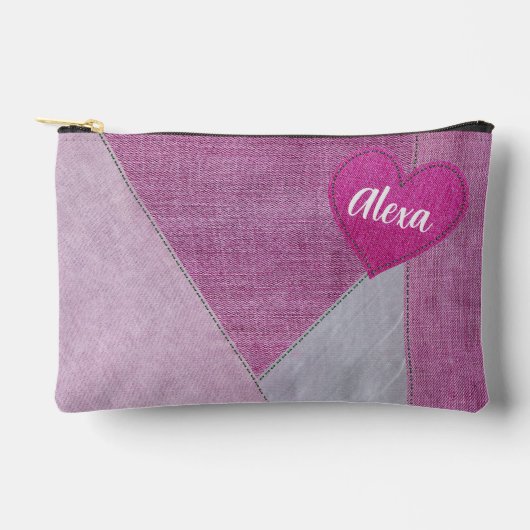 Roze denim hart met naam etui (Voorkant)