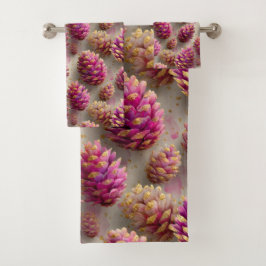 Roze dennenappels met gouden accenten in de winter bad handdoek