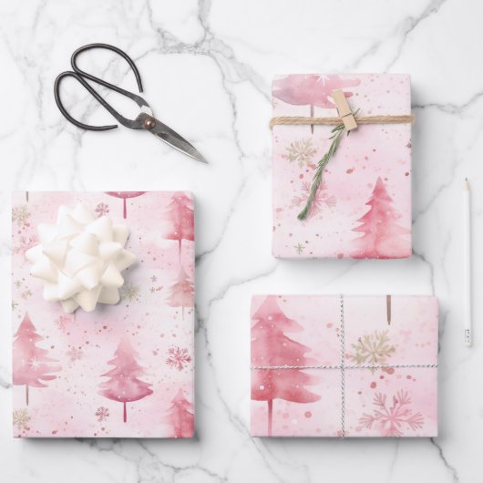 Roze dennenbomen Vintage Kerstmis Inpakpapier Vel (Voorkant)