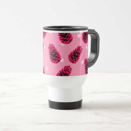 Roze Dennenkegels Koffiemok Reisbeker (Voorkant rechts)