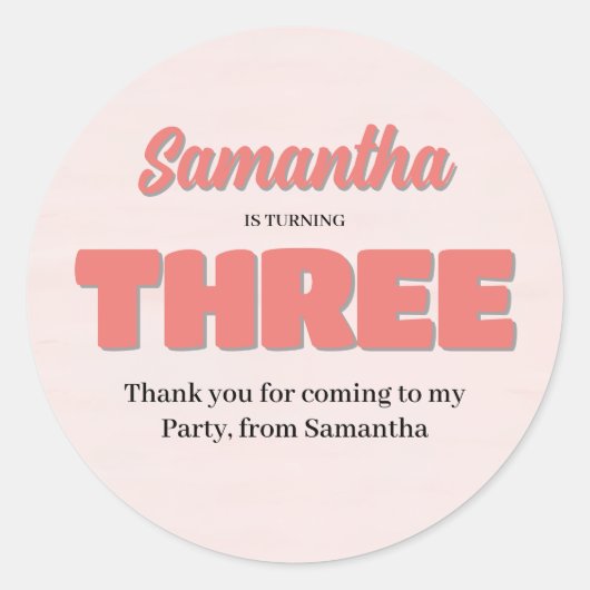 Roze Derde Verjaardag Meisje Party Bloemen Ronde Sticker (Voorkant)