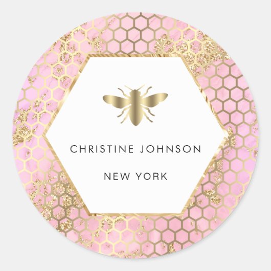 Roze Design Hexagon Bee logo Ronde Sticker (Voorkant)