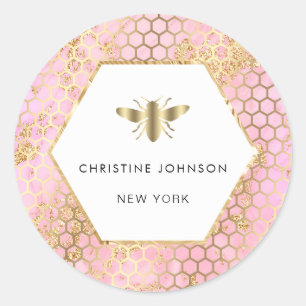Roze Design Hexagon Bee logo Ronde Sticker
