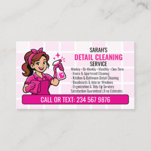 Roze Detail Schoonmaak QR Cartoon Dienstmeisje Visitekaartje