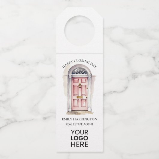 Roze Deur Aquarel Sluiting Makelaar Flessenhanger (Voorkant)