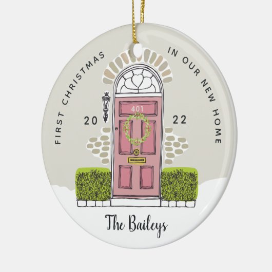 Roze deur Eerste Kerstmis in ons nieuwe huis Keramisch Ornament (Links)