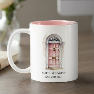 Roze Deur Watercolor Logo Makelaar Tweekleurige Koffiemok
