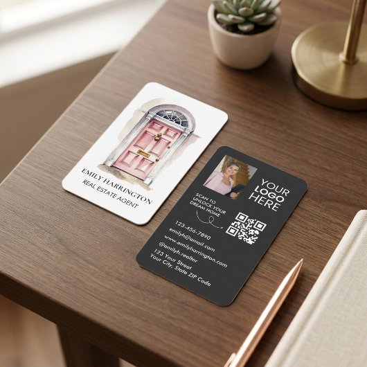 Roze Deur Watercolor QR Code Makelaar Visitekaartje