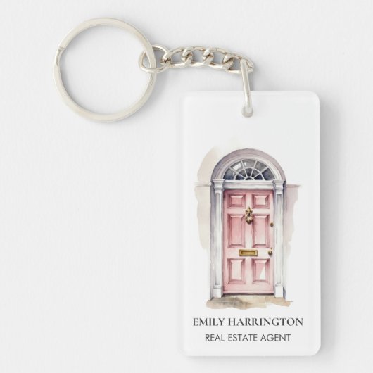 Roze deur waterverf logo vastgoedmakelaar sleutelhanger (Voorkant)