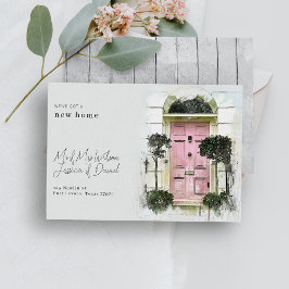 Roze deur & White Wood Trendy Moving Announge Kaart