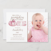 Roze deze kleine pompoen foto 1e verjaardag kaart (Voorkant)