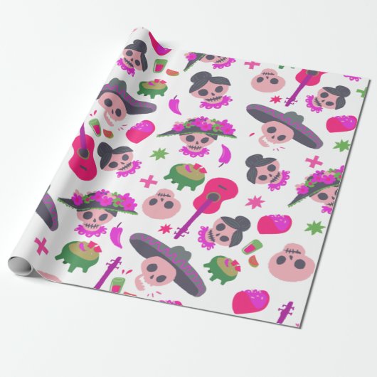 Roze dia de Los Muertos Cute Funny Skulls Patroon Cadeaupapier (Uitgerold)