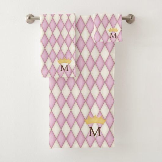 Roze Diamant Check Monogram met kroon Bad Handdoek (Insitu)