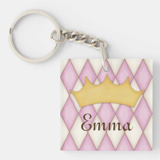Roze Diamant Check Persoonlijke Naam Prinses Sleutelhanger (voorkant)