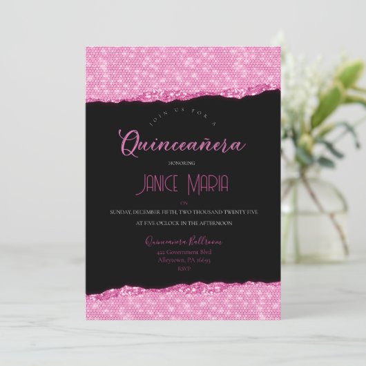 Roze Diamant Quinceañera Uitnodiging (Staand voorkant)