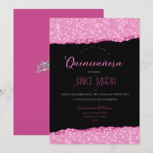 Roze Diamant Quinceañera Uitnodiging (Voorkant / Achterkant)