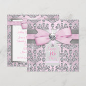 Roze Diamant Roze en Grijs Sweet 16 Verjaardag Kaart (Voorkant / Achterkant)
