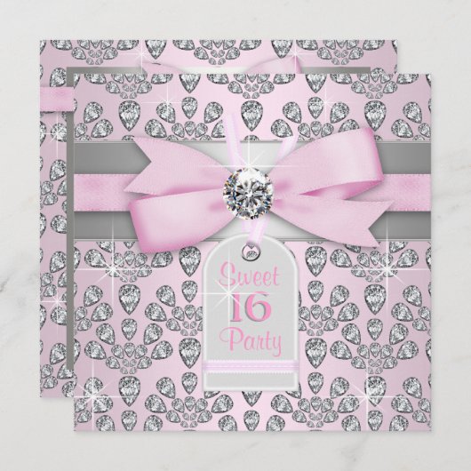 Roze Diamant Roze en Grijs Sweet 16 Verjaardag Kaart (Voorkant / Achterkant)