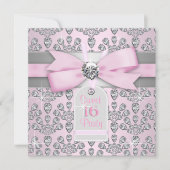 Roze Diamant Roze en Grijs Sweet 16 Verjaardag Kaart (Voorkant)