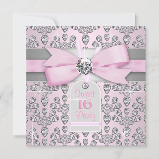 Roze Diamant Roze en Grijs Sweet 16 Verjaardag Kaart (Voorkant)