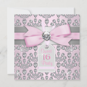 Roze Diamant Roze en Grijs Sweet 16 Verjaardag Kaart