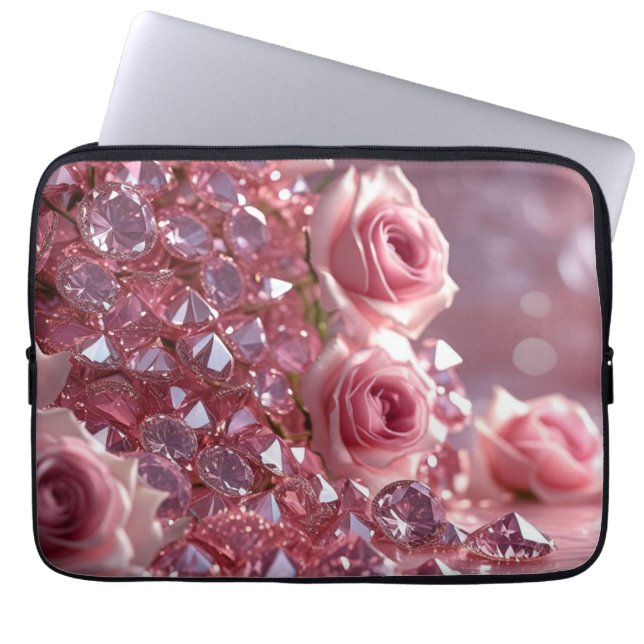 Roze diamanten & bloemblaadjes laptop sleeve (Voorkant)
