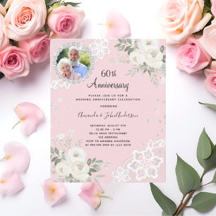 Roze diamanten bloemen 60ste huwelijksuitnodiging