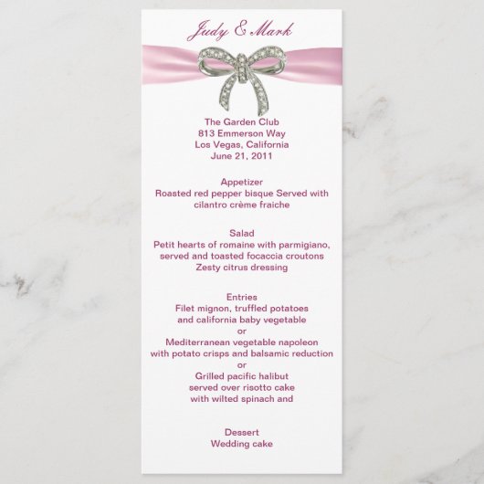 Roze Diamanten Boog Bruiloft Menu Kaart (Voorkant)