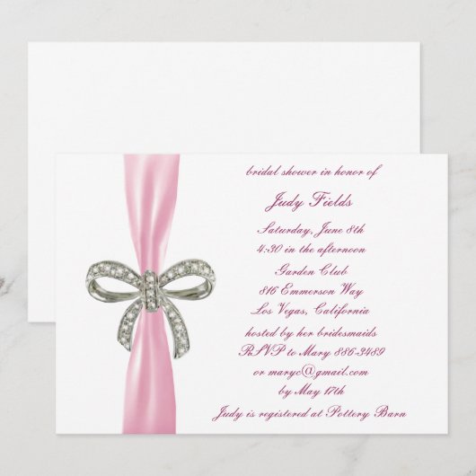 Roze Diamanten Bow Bruids Douche Uitnodiging (Voorkant / Achterkant)