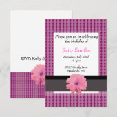 Roze diamanten en Floral Birthday Invitation Kaart (Voorkant / Achterkant)
