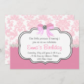 Roze Diamanten en Parels Damast Uitnodiging (Voorkant / Achterkant)
