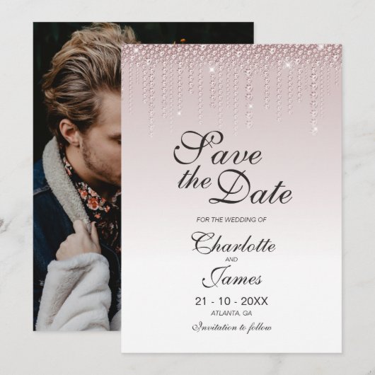 Roze Diamanten Huwelijk Met Eigen Foto Save The Date (Voorkant / Achterkant)
